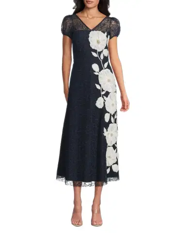 Kay Unger New York Layla Puff-Sleeve Floral Applique Midi Dress | Thumbnail 1 Kay Unger New York Layla Puff-Sleeve Floral Applique Midi Dress | Thumbnail 1