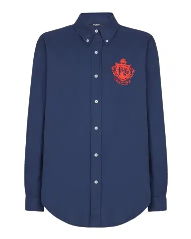 Balmain Men's Oxford Cotton College Emblem Button-Down Shirt | Thumbnail 1