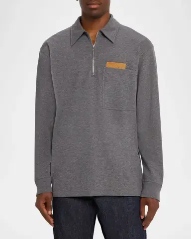 Bottega Veneta Men's Double-Cotton Quarter-Zip Overshirt with Intrecciato Pocket | Thumbnail 3