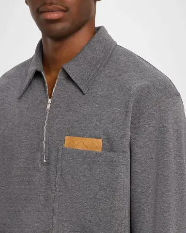 Bottega Veneta Men's Double-Cotton Quarter-Zip Overshirt with Intrecciato Pocket | Thumbnail 4