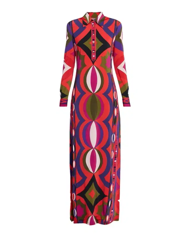Collane-Print Jersey Long-Sleeve Maxi Shirtdress