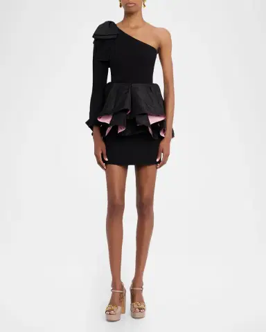 Valentino Garavani One-Shoulder Long-Sleeve Ruffle Mini Dress | Thumbnail 2 Valentino Garavani One-Shoulder Long-Sleeve Ruffle Mini Dress | Thumbnail 2