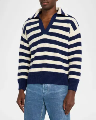 Bottega Veneta Men's Wool and Cashmere Stripe Knit Johnny-Collar Sweater | Thumbnail 3 Bottega Veneta Men's Wool and Cashmere Stripe Knit Johnny-Collar Sweater | Thumbnail 3