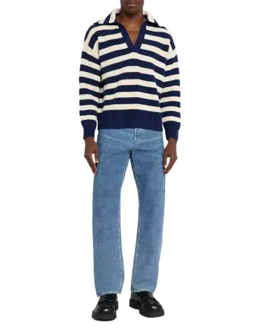 Bottega Veneta Men's Wool and Cashmere Stripe Knit Johnny-Collar Sweater | Thumbnail 1 Bottega Veneta Men's Wool and Cashmere Stripe Knit Johnny-Collar Sweater | Thumbnail 1