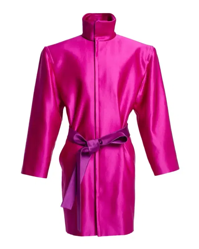 Strong-Shoulder Belted Silk Jacket