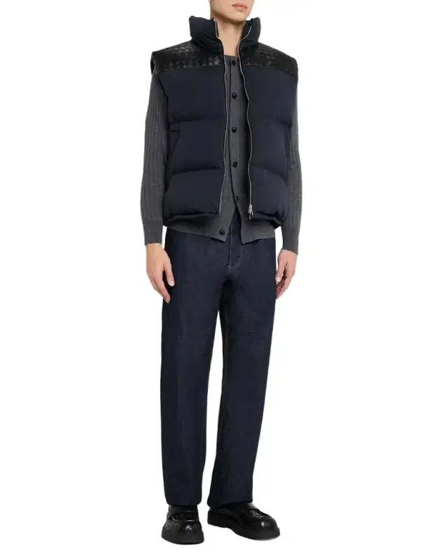 Bottega Veneta Men 's Tech Puffer Vest with Intrecciato Leather Detail