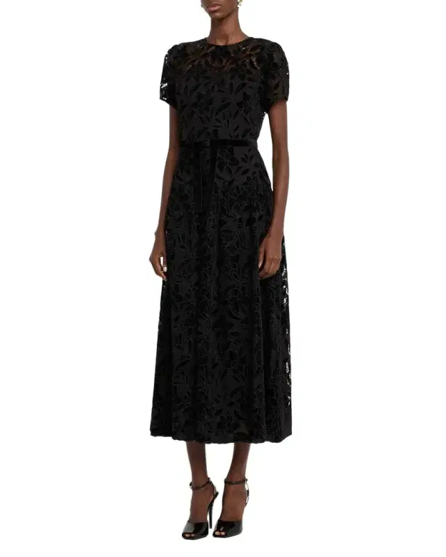 Shoshanna Farah Puff-Sleeve Velvet Lace Midi Dress