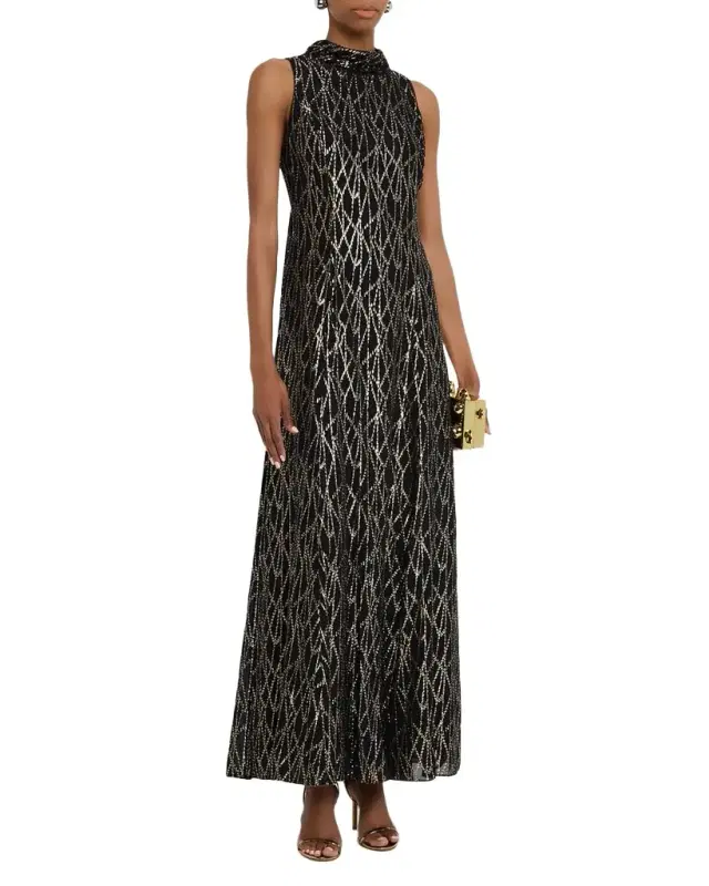 Shoshanna Flora Metallic Mock-Neck Maxi Dress
