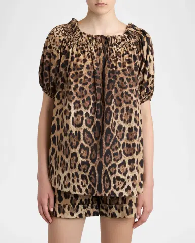 Dolce & Gabbana Leopard-Print Cotton Puff-Sleeve Blouse | Thumbnail 3 Dolce & Gabbana Leopard-Print Cotton Puff-Sleeve Blouse | Thumbnail 3