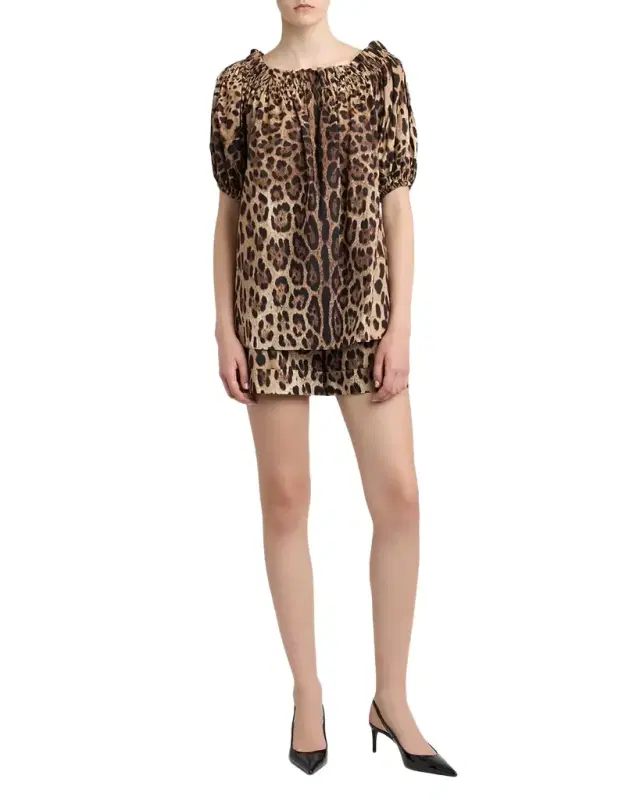 Leopard-Print Cotton Puff-Sleeve Blouse