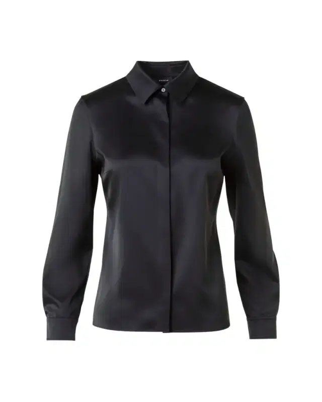 Stretch Silk Satin Button-Down Blouse