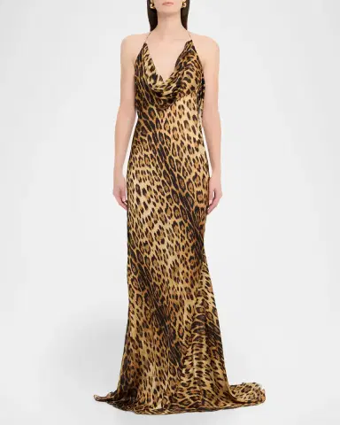 Roberto Cavalli Jaguar-Print Silk Draped Backless Gown | Thumbnail 2 Roberto Cavalli Jaguar-Print Silk Draped Backless Gown | Thumbnail 2