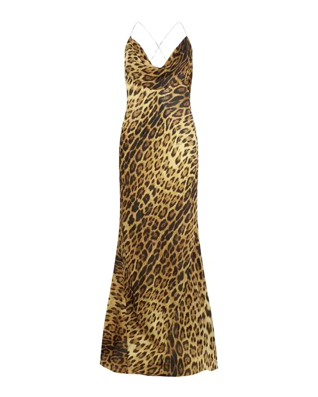 Jaguar-Print Silk Draped Backless Gown