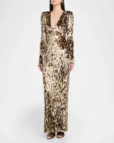 Lapointe Plunging Ocelot-Print Velvet Long-Sleeve Maxi Dress | Thumbnail 3 Lapointe Plunging Ocelot-Print Velvet Long-Sleeve Maxi Dress | Thumbnail 3