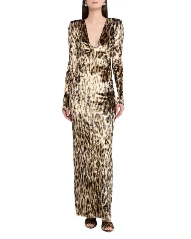 LAPOINTE Plunging Ocelot-Print Velvet Long-Sleeve Maxi Dress