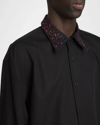Dries Van Noten Men's Cotton Embellished-Trim Dress Shirt | Thumbnail 4 Dries Van Noten Men's Cotton Embellished-Trim Dress Shirt | Thumbnail 4