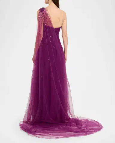 Pamella Roland Embellished Tulle One-Shoulder Cape Gown | Thumbnail 2 Pamella Roland Embellished Tulle One-Shoulder Cape Gown | Thumbnail 2