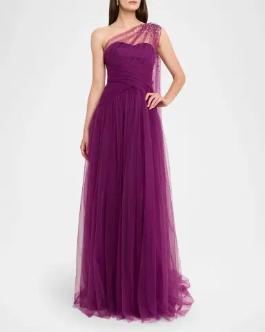 Pamella Roland Embellished Tulle One-Shoulder Cape Gown | Thumbnail 3 Pamella Roland Embellished Tulle One-Shoulder Cape Gown | Thumbnail 3