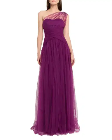 Pamella Roland Embellished Tulle One-Shoulder Cape Gown | Thumbnail 1 Pamella Roland Embellished Tulle One-Shoulder Cape Gown | Thumbnail 1