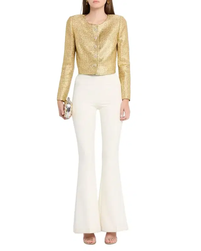 Collarless Metallic Tweed Crop Jacket