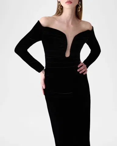 Carolina Herrera Ruched Plunging Off-Shoulder Velvet Midi Dress | Thumbnail 4 Carolina Herrera Ruched Plunging Off-Shoulder Velvet Midi Dress | Thumbnail 4