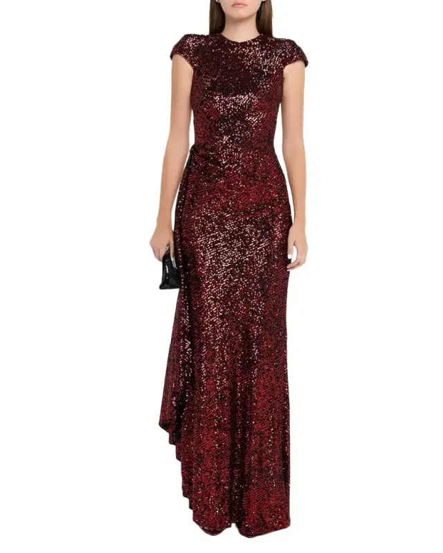 Sequined Draped Cap-Sleeve Gown