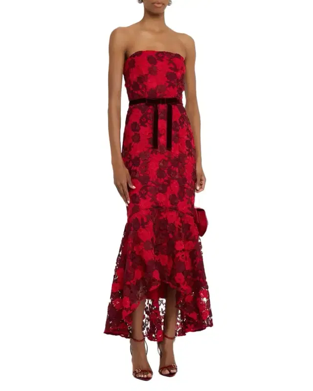 Shoshanna Cierra Strapless Floral Lace High-Low Gown