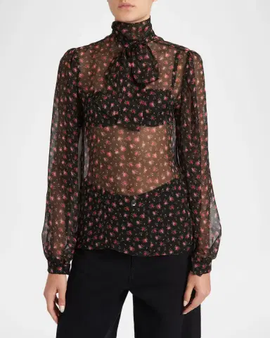 Dolce & Gabbana Rose-Print Chiffon Bow-Neck Blouse | Thumbnail 3