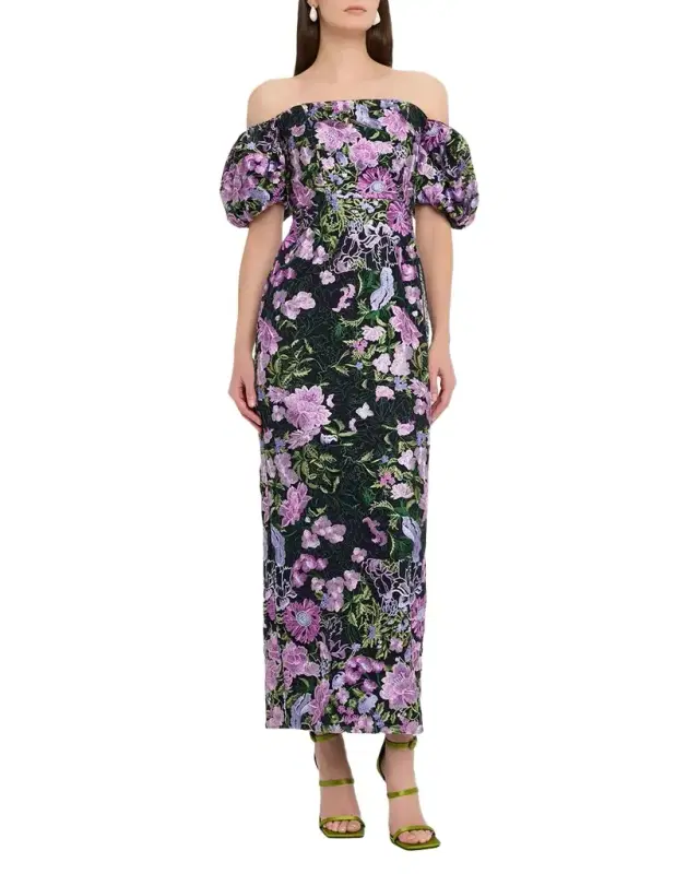 Milly Nene Floral-Embroidered Column Gown