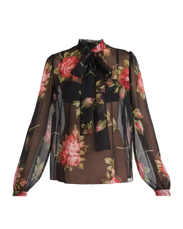 Rose Bouquet-Print Silk Chiffon Neck-Tie Blouse