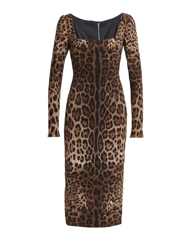 Leopard-Print Cady Long-Sleeve Midi Dress