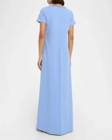 Pamella Roland Embellished Neckline Crepe A-Line Gown | Thumbnail 2