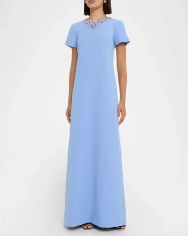 Pamella Roland Embellished Neckline Crepe A-Line Gown | Thumbnail 3