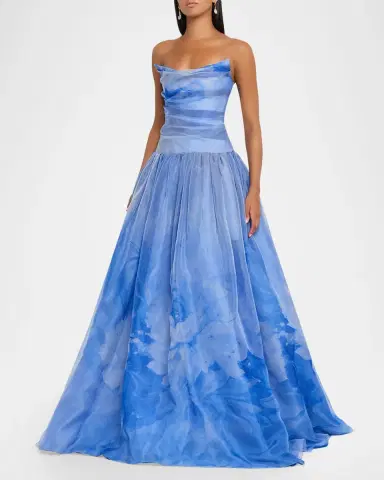 Pamella Roland Floral Silk Organza Strapless Drop-Waist Gown | Thumbnail 3