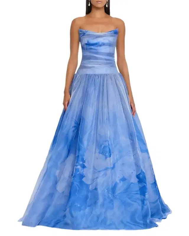 Floral Silk Organza Strapless Drop-Waist Gown