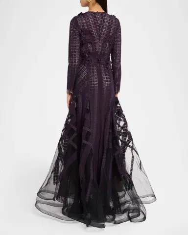 Bibhu Mohapatra Flocked Floral Lace Long-Sleeve Godet Gown | Thumbnail 2 Bibhu Mohapatra Flocked Floral Lace Long-Sleeve Godet Gown | Thumbnail 2