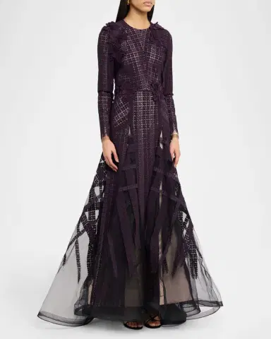 Bibhu Mohapatra Flocked Floral Lace Long-Sleeve Godet Gown | Thumbnail 3 Bibhu Mohapatra Flocked Floral Lace Long-Sleeve Godet Gown | Thumbnail 3