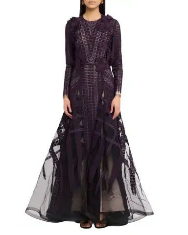 Bibhu Mohapatra Flocked Floral Lace Long-Sleeve Godet Gown | Thumbnail 1 Bibhu Mohapatra Flocked Floral Lace Long-Sleeve Godet Gown | Thumbnail 1
