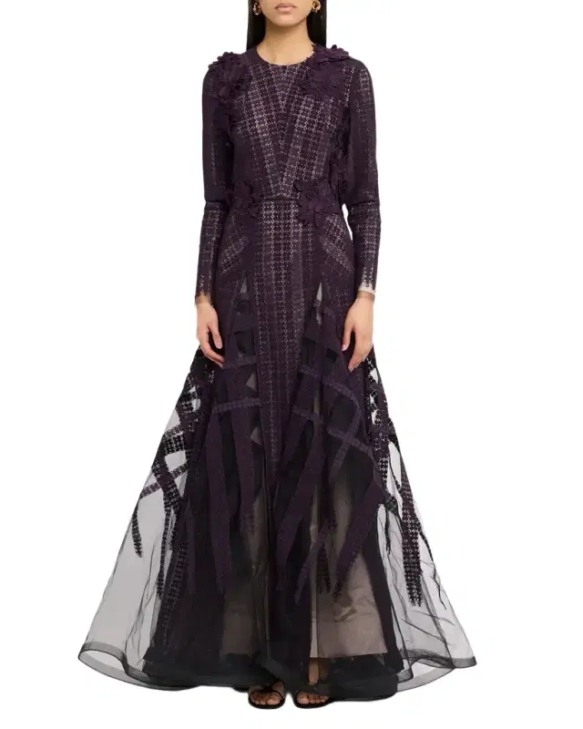 Bibhu Mohapatra Flocked Floral Lace Long-Sleeve Godet Gown