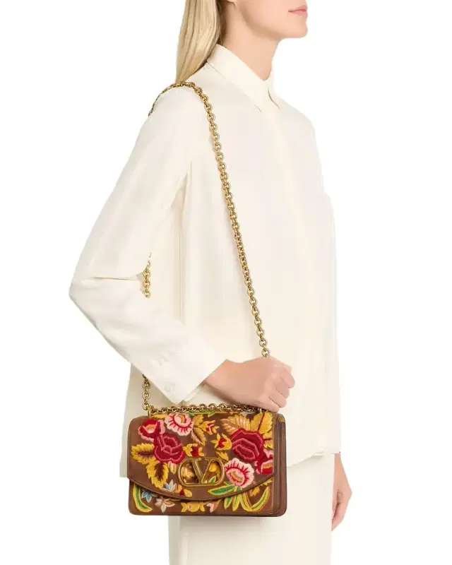 Vain Medium Floral-Embroidered Suede Shoulder Bag