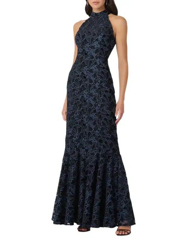 Shoshanna Marcia Velvet Floral Lace Halter Gown