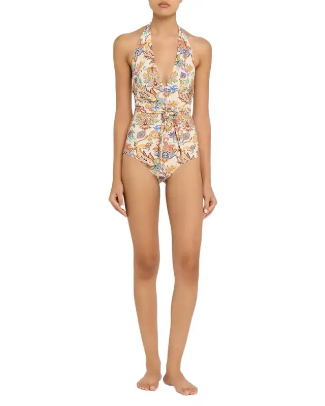 Floral Paisley Belted Halter One-Piece Swimsuit