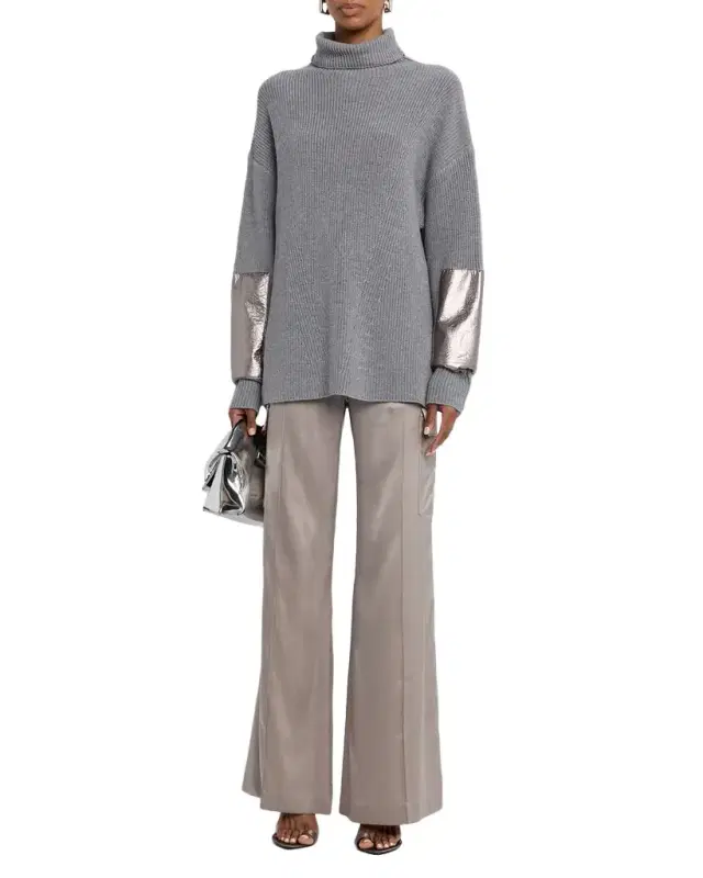 Metallic Leather-Patch Merino Wool Turtleneck Sweater