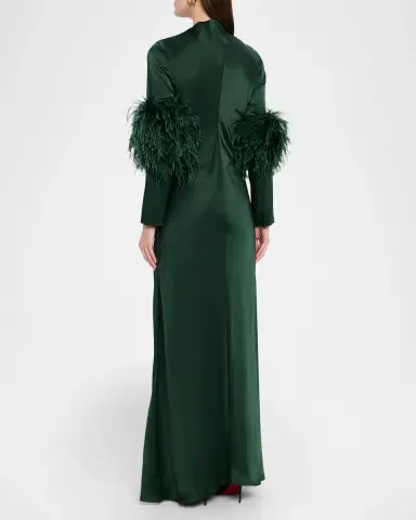 Lapointe Feather-Trim Long-Sleeve Satin Maxi Dress | Thumbnail 2 Lapointe Feather-Trim Long-Sleeve Satin Maxi Dress | Thumbnail 2