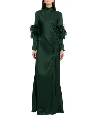 Lapointe Feather-Trim Long-Sleeve Satin Maxi Dress | Thumbnail 1 Lapointe Feather-Trim Long-Sleeve Satin Maxi Dress | Thumbnail 1