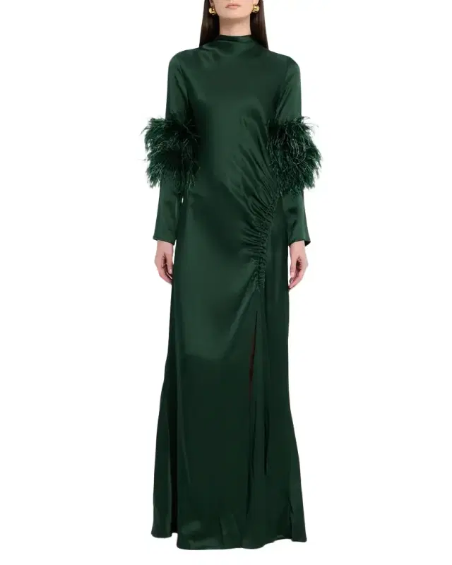 Feather-Trim Long-Sleeve Satin Maxi Dress