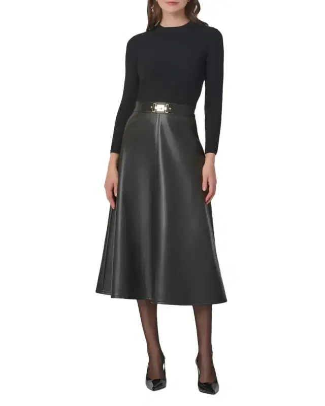 Shoshanna Paige Rib Knit & Faux Leather Midi Dress
