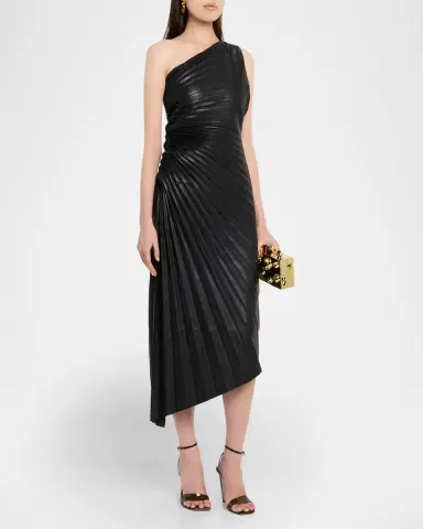 One33 Social Asymmetric Pleated Faux Leather Midi Dress | Thumbnail 3