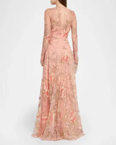 Naeem Khan Metallic Floral Embroidered Long-Sleeve Illusion Gown | Thumbnail 2