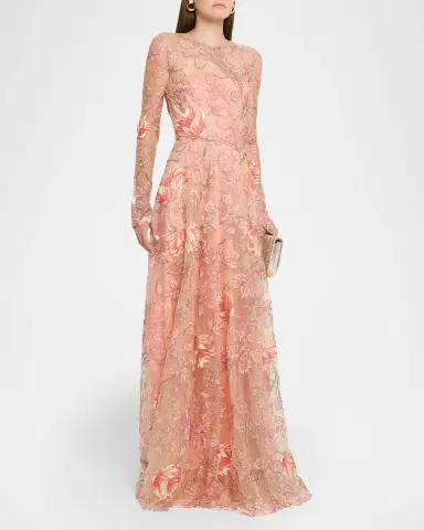 Naeem Khan Metallic Floral Embroidered Long-Sleeve Illusion Gown | Thumbnail 3